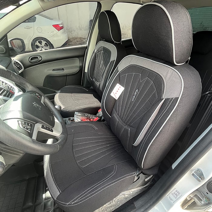 روکش صندلی ماشین 207 پارچه کتان طرح پرو رنگ مشکی طوسی