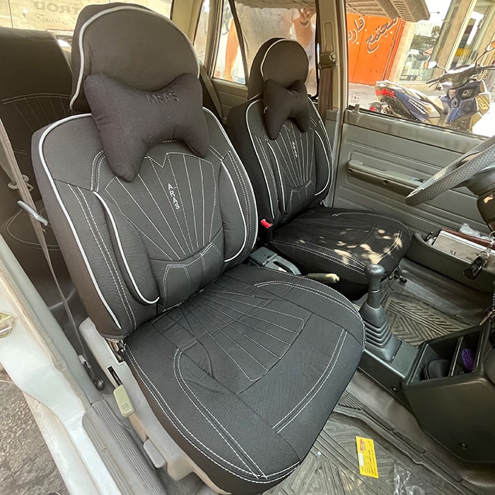 روکش صندلی ماشین پراید صبا پارچه جودون طرح پرو رنگ مشکی دوخت سفید روکش صندلی ماشین پراید صبا پارچه جودون طرح پرو رنگ مشکی دوخت سفید