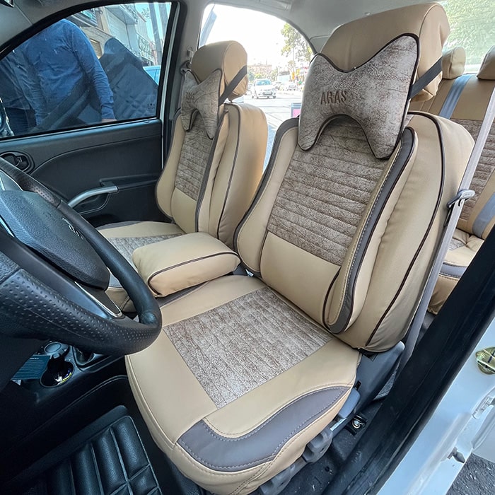 روکش صندلی ماشین ساینا چرم طرح پلاس رنگ کرم صدری وسط پارچه پوستی روکش صندلی ماشین ساینا چرم طرح پلاس رنگ کرم صدری وسط پارچه پوستی