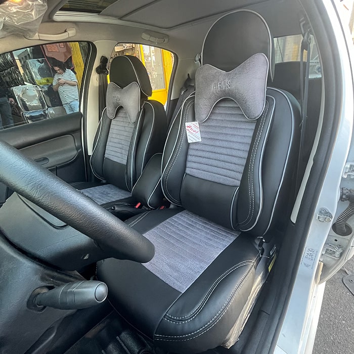 روکش صندلی ماشین پژو 207 چرم و پارچه پوستی طرح پلاس رنگ مشکی طوسی