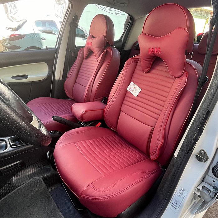 روکش صندلی ماشین پژو 207 چرم طرح پلاس رنگ زرشکی