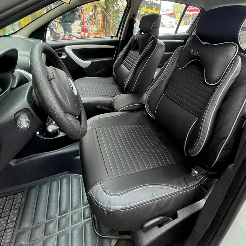 روکش صندلی خودرو ساندرو چرم تبریز رنگ مشکی نوار طوسی